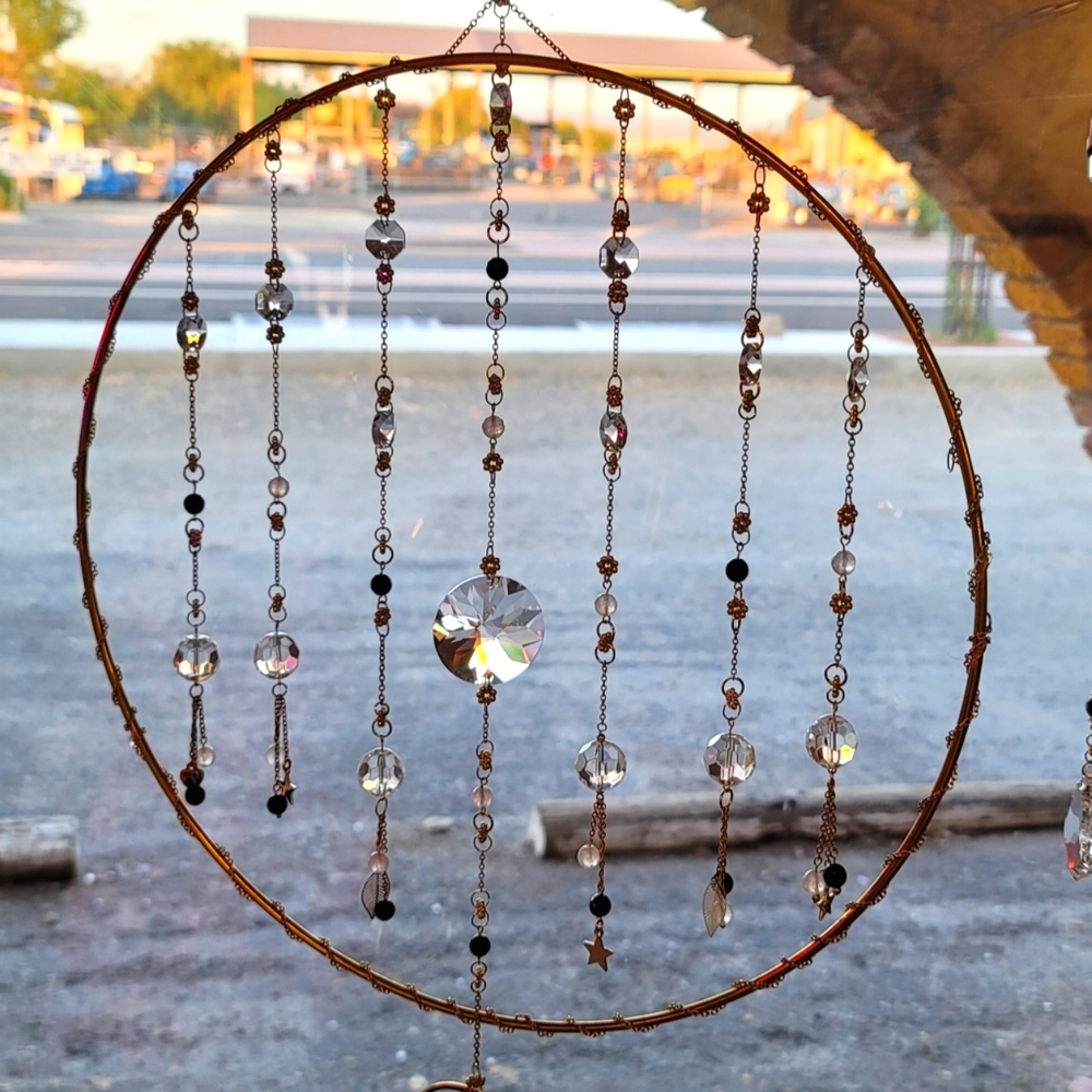 Crystal Suncatcher w Faceted Onyx and Rose Quartz